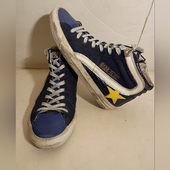 GOLDEN GOOSE DELUXE SLIDE High Top Sneakers Navy Suede Reptile Embossed W38/8